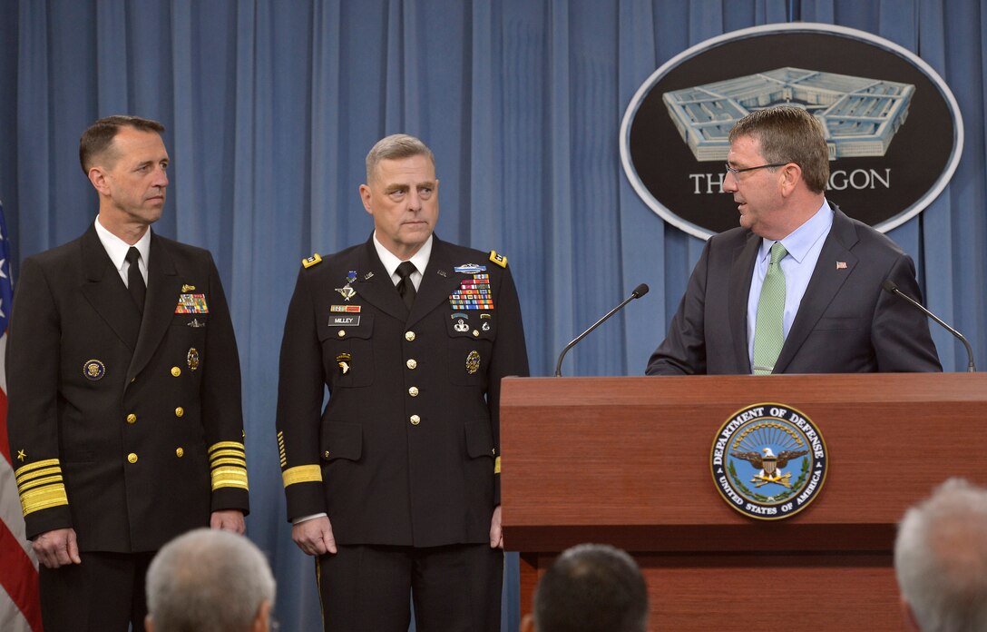 Defense Secretary Ash Carter announces the choices of Navy Adm. John M. Richardson, left, as the next chief of naval operations and Army Gen. Mark A. Milley as the next Army chief of staff during a press briefing at the Pentagon, May 13, 2015.