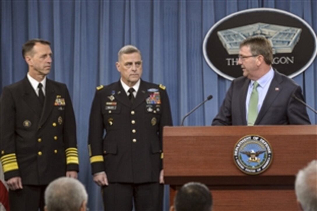 Defense Secretary Ash Carter announces the choices of Navy Adm. John M. Richardson, left, to serve as chief of naval operations and Army Gen. Mark A. Milley to serve as Army chief of staff during a briefing at the Pentagon, May 13, 2015. If confirmed by the Senate, Milley would succeed Army Gen. Ray Odierno and Richardson would succeed Navy Adm. Jonathan W. Greenert. Both Odierno and Greenert plan to retire.