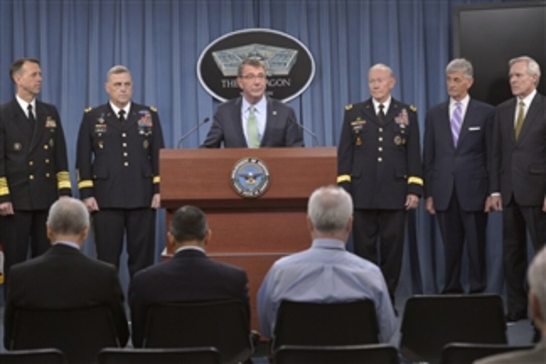 Defense Secretary Ash Carter announces the choices of Navy Adm. John M. Richardson, left, to serve as chief of naval operations and Army Gen. Mark A. Milley to serve as Army chief of staff during a briefing at the Pentagon, May 13, 2015. If confirmed by the Senate, Milley would succeed Army Gen. Ray Odierno and Richardson would succeed Navy Adm. Jonathan W. Greenert. Both Odierno and Greenert plan to retire.