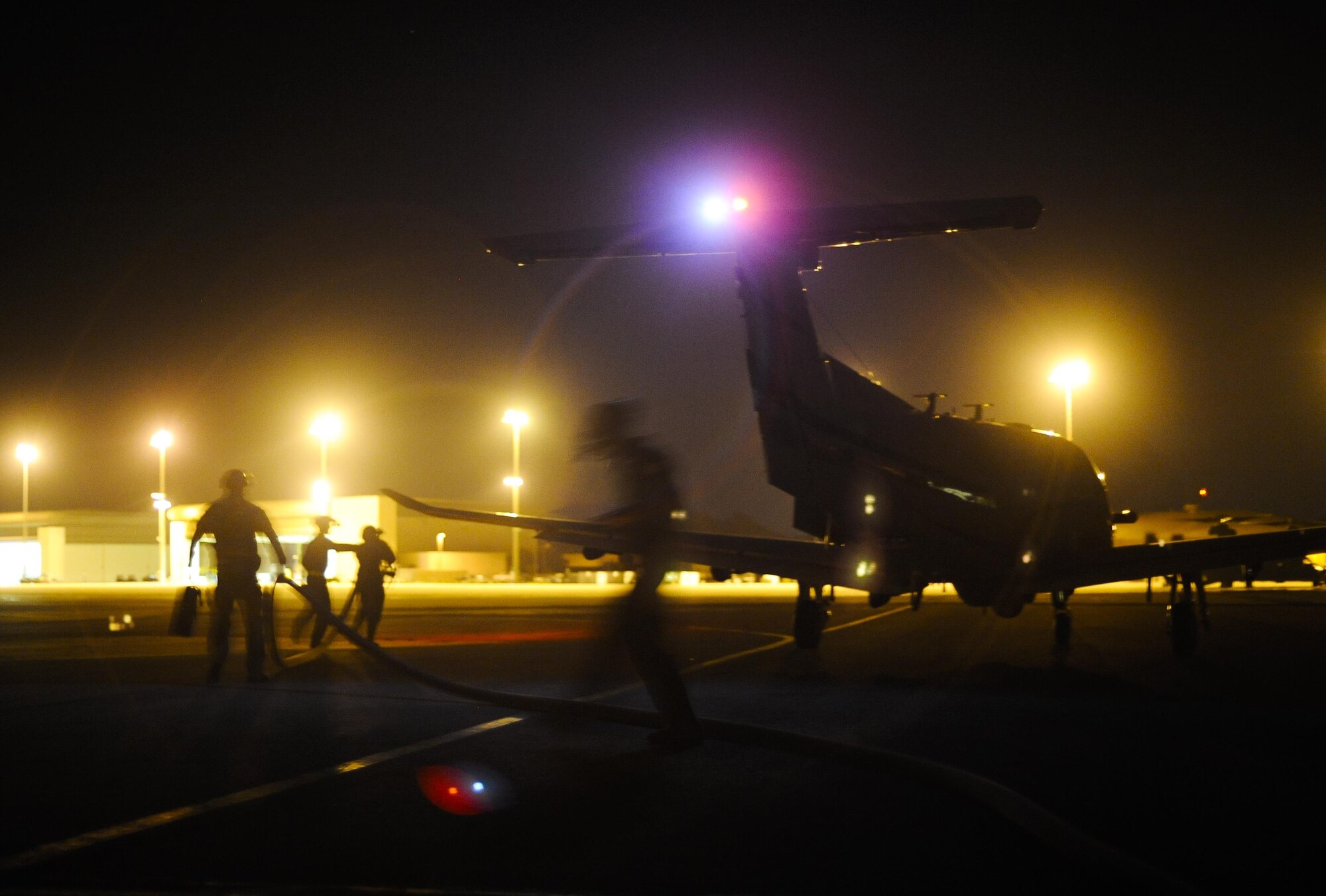 Airmen assigned to the 1st Special Operations Logistics Readiness Squadron conduct a hot refuel of a   U-28A during Forward Area Refueling Point training on Hurlburt Field, Fla., May 7, 2015. FARP first came about after the 1980 Iran hostage rescue attempt. After this event, the Air Force realized the need for a highly-efficient way to transfer fuel from one aircraft to another, in non-standard and hostile environments. (U.S. Air Force photo/Airman Kai L. White) 