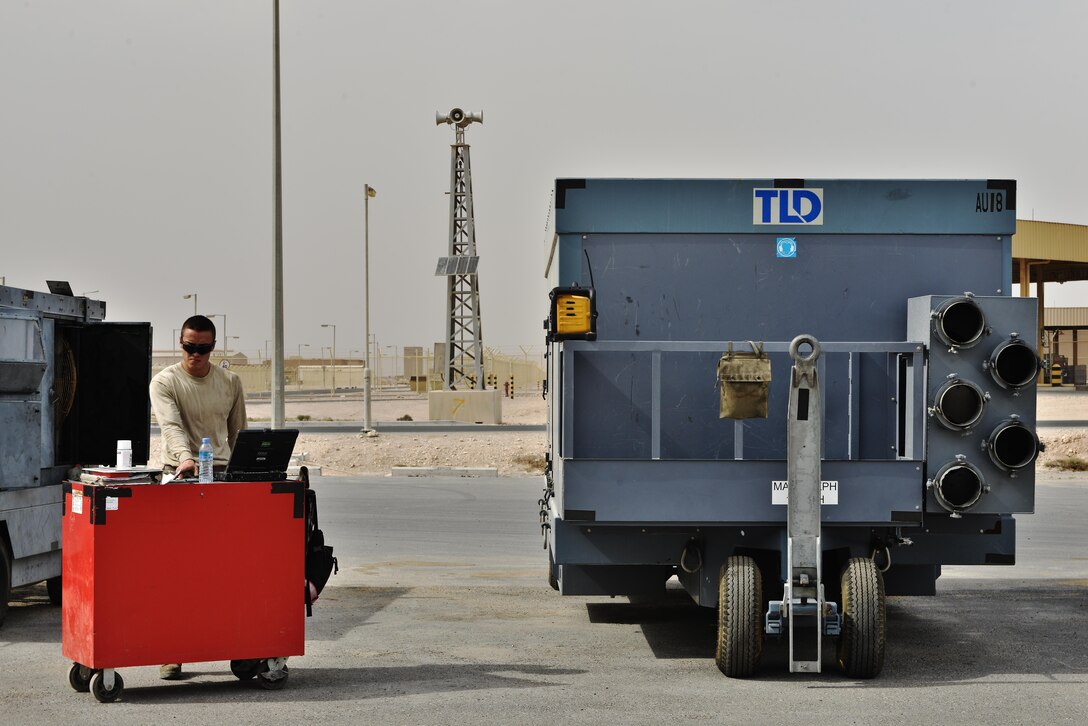 Senior Airman Daniel Suarez, 379th Expeditionary Maintenance Squadron, completes his tool check prior to beginning maintenance on an aircraft generator May 7, 2015 at Al Udeid Air Base, Qatar. Due to the extreme heat and conditions in Qatar, maintenance airmen remain busy 24-hours a day ensuring that aircraft ground equipment support is working properly. (U.S. Air Force photo by Staff Sgt. Alexandre Montes)  