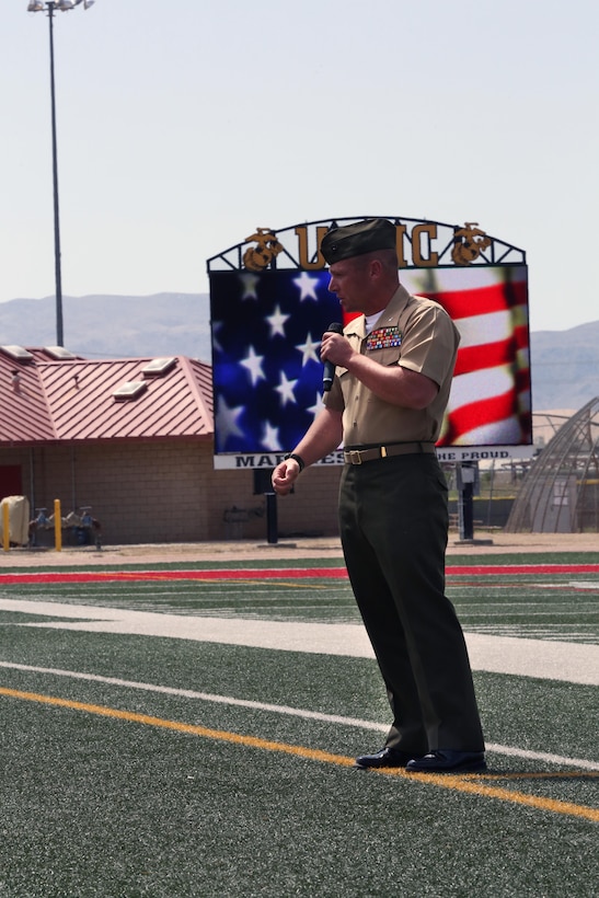 Lt. Col. Philip Laing, commanding officer, 3rd Light Armored Reconnaissance Battalion, addresses the crowd after receiving command of the battalion from Lt. Col. Matt Good, former commanding officer, 3rd LAR, during 3rd LAR’s change of command ceremony at Felix Field, May 7, 2015. According to Laing, having the opportunity to work with 3rd LAR is a great privilege and honor. (Official Marine Corps photo by Lance Cpl. Thomas Mudd/ Released)