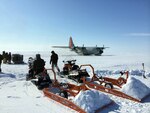 A 109th Airlift Wing LC-130 lands at the remote location in the vicinity of Victoria Strait, Nunavut, Canada, for the first time April 14, 2015, after a group of seven Airmen spent 10 days grooming the ski-way. The aircraft and Airmen were supporting Canada's annual Operation Nunalivut.