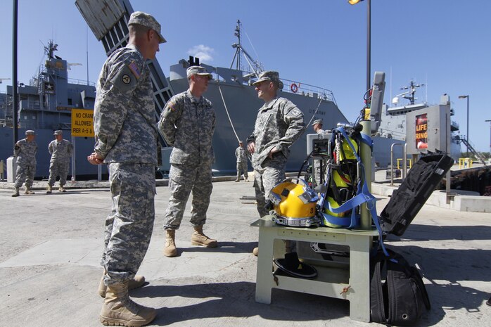 JOINT BASE PEARL HARBOR-HICKHAM, Hawaii (May 12, 2015) - Pacific Army mariners, divers, military police, and explosive ordinance disposal troops, with 8th Theater Sustainment Command, share their unique capabilities with Sgt. Maj. of the Army Daniel A. Dailey during his visit to U.S. Army Logistic Support Vessel-4 Lt. Gen. William B. Bunker.  