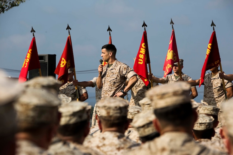 Col. Romin Dasmalchi speaks to the Marines of Battalion Landing Team 2nd Battalion, 4th Marines, 31st Marine Expeditionary Unit, May 8, 2015. The Marines were attached to the 31st MEU as the ground combat element from Nov. 2014 to May 2015. Dasmalchi is the commanding officer for the 31st MEU. (U.S. Marine Corps photo by Cpl. Ryan C. Mains/ Released)