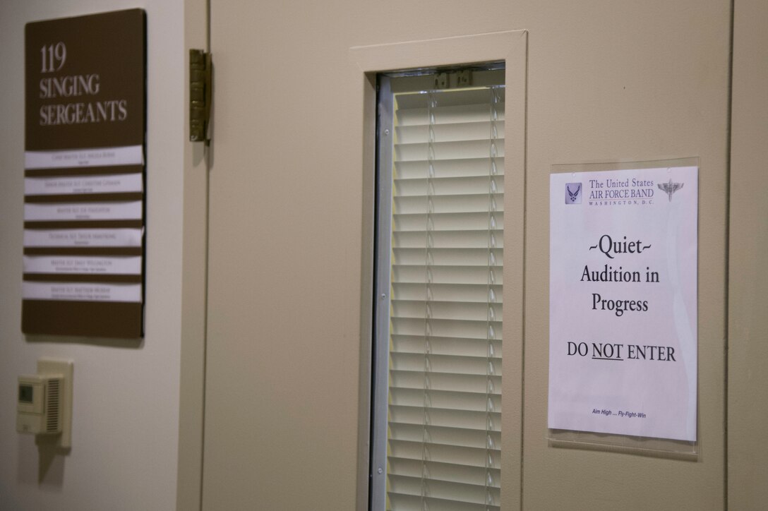 The door to the Singing Sergeants audition is closed and covered inside Hangar Two at Joint Base Anacostia-Bolling, D.C., May 5, 2015. The U.S. Air Force Band’s Singing Sergeants have five panel members and a piano player supporting the audition process to ensure there are no distractions during auditions. (U.S. Air Force photo/Airman 1st Class Philip Bryant)