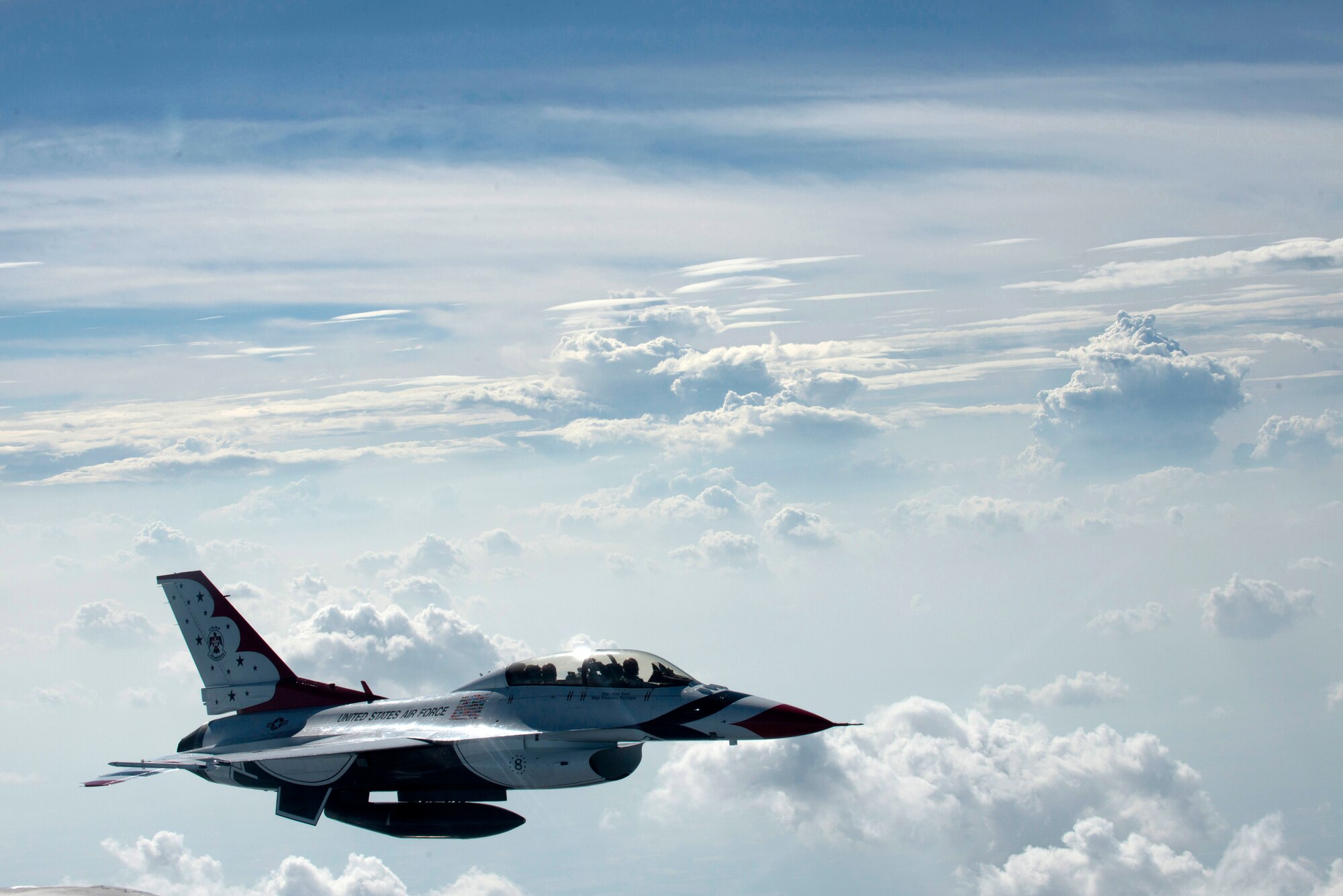 An F-16 Fighting Falcon with the U.S. Air Force Thunderbirds aerial demonstration team flies over North Carolina, May 12, 2015.  The Thunderbirds will be one of many aerial performers at the 2015 Wings Over Wayne Airshow and Open House at Seymour Johnson Air Force Base, N.C., May 16 and 17. (U.S. Air Force photo/Master Sgt. Jocelyn L. Rich-Pendracki) 