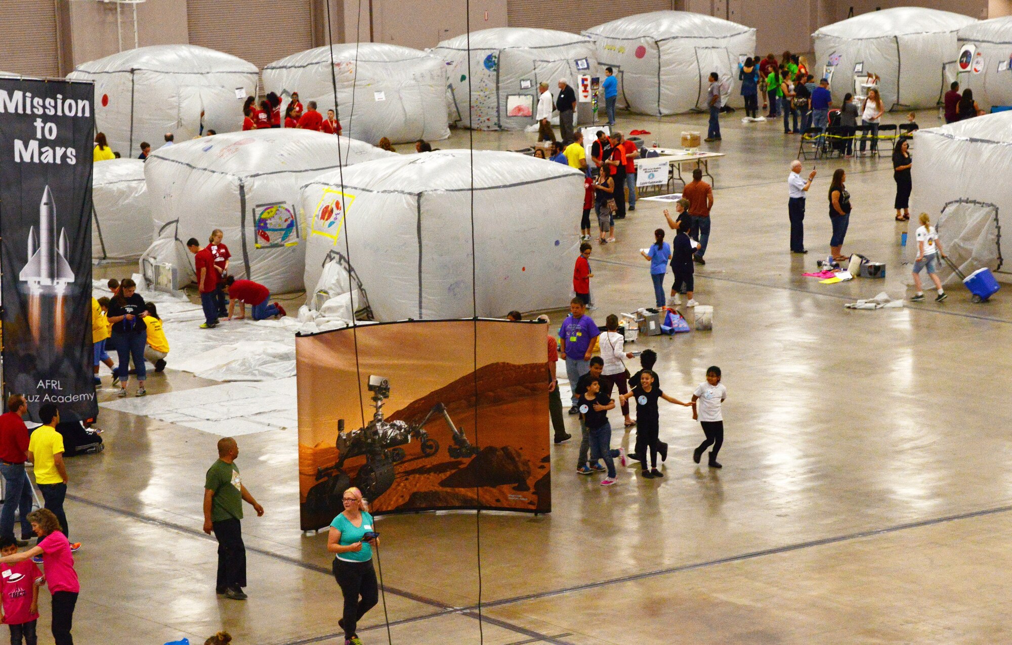 Students from 30 schools build “habitats” as part of the Mission to Mars Link-Up Day at the
Albuquerque Convention Center on Friday. The event is sponsored by the Air Force Research Laboratory's La Luz Academy. (Photo by Jamie Burnett)