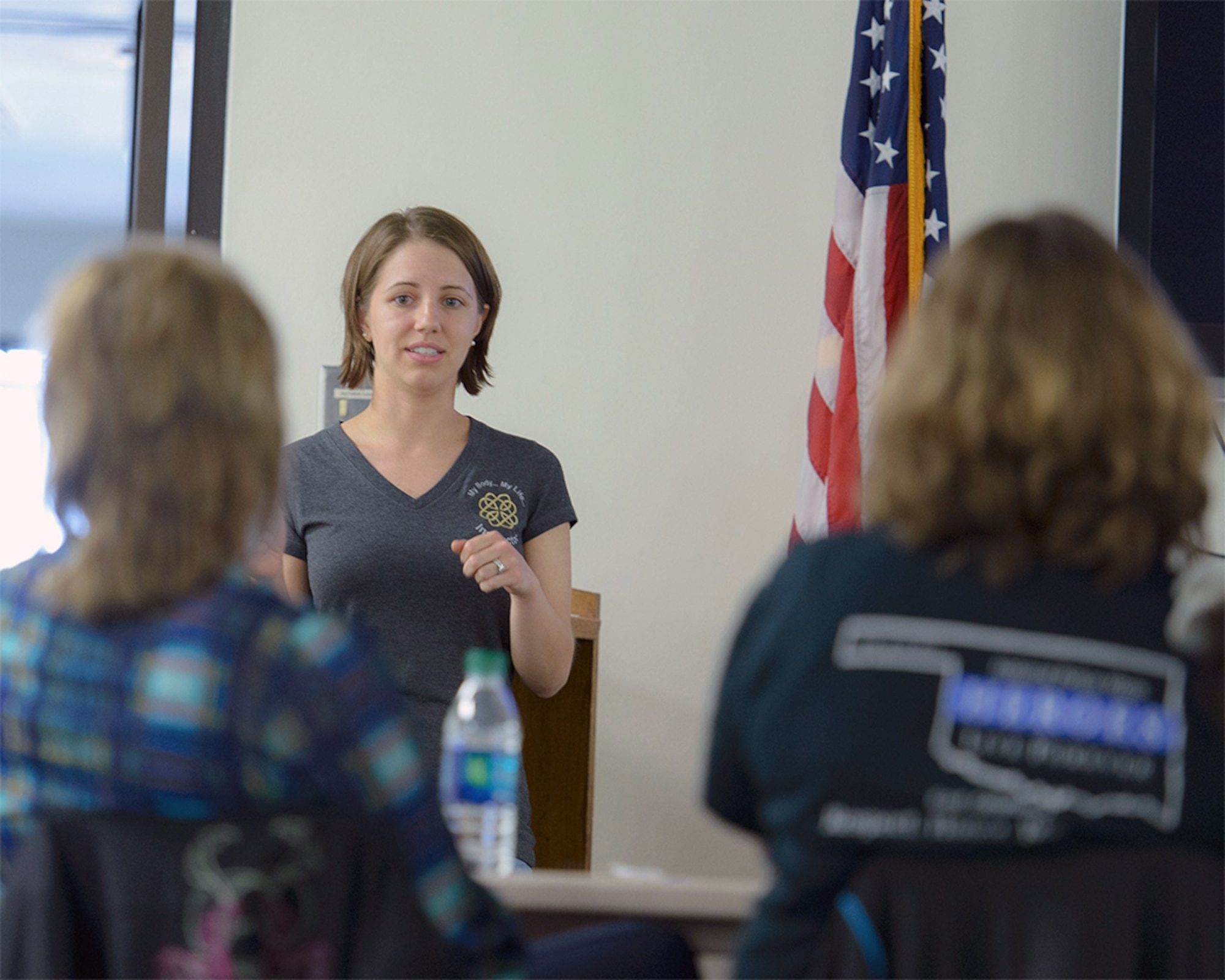 2nd Lt. Isabel Crump instructs students during an installment of "My Body... My Life" at the Community Chapel Activity Center at Vance Air Force Base, Oklahoma, April 28. Crump is one of several Vance Airmen qualified to teach the comprehensive course. (U.S. Air Force photo / David Poe)