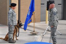Master Sgt. Frank Munderback, 47th Force Support Squadron superintendent and Military Working Dog Lee 418’s former kennel master, renders the dog a final salute on Laughlin Air Force Base, Texas, May 11, 2015. Lee served the Air Force for 9 years but retired due to severe arthritis in his hips. (U.S. Air Force photo by Joel Langton)