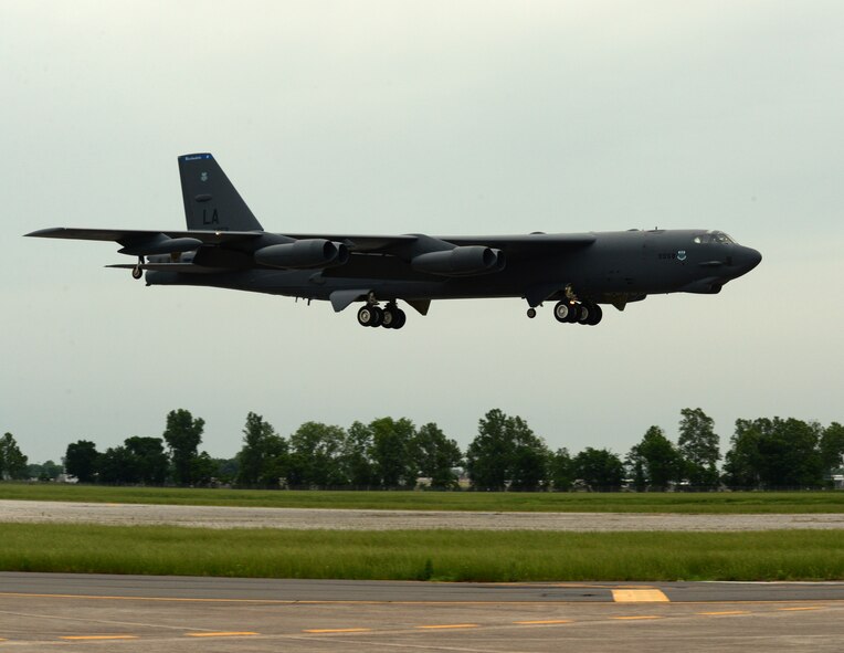 A B-52H Stratofortress prepares to land on Barksdale Air Force Base, Louisiana, as part of a Constant Vigilance exercise May 13, 2015. Constant Vigilance is an annual Air Force Global Strike Command exercise designed to train and assess the command's ability to support its conventional and nuclear missions. AFGSC conducts training operations and exercises on a regular basis to ensure its forces are ready to perform nuclear deterrence operations and long-range strike missions when called upon to do so. (U.S. Air Force photo/Airman 1st Class Curt Beach)