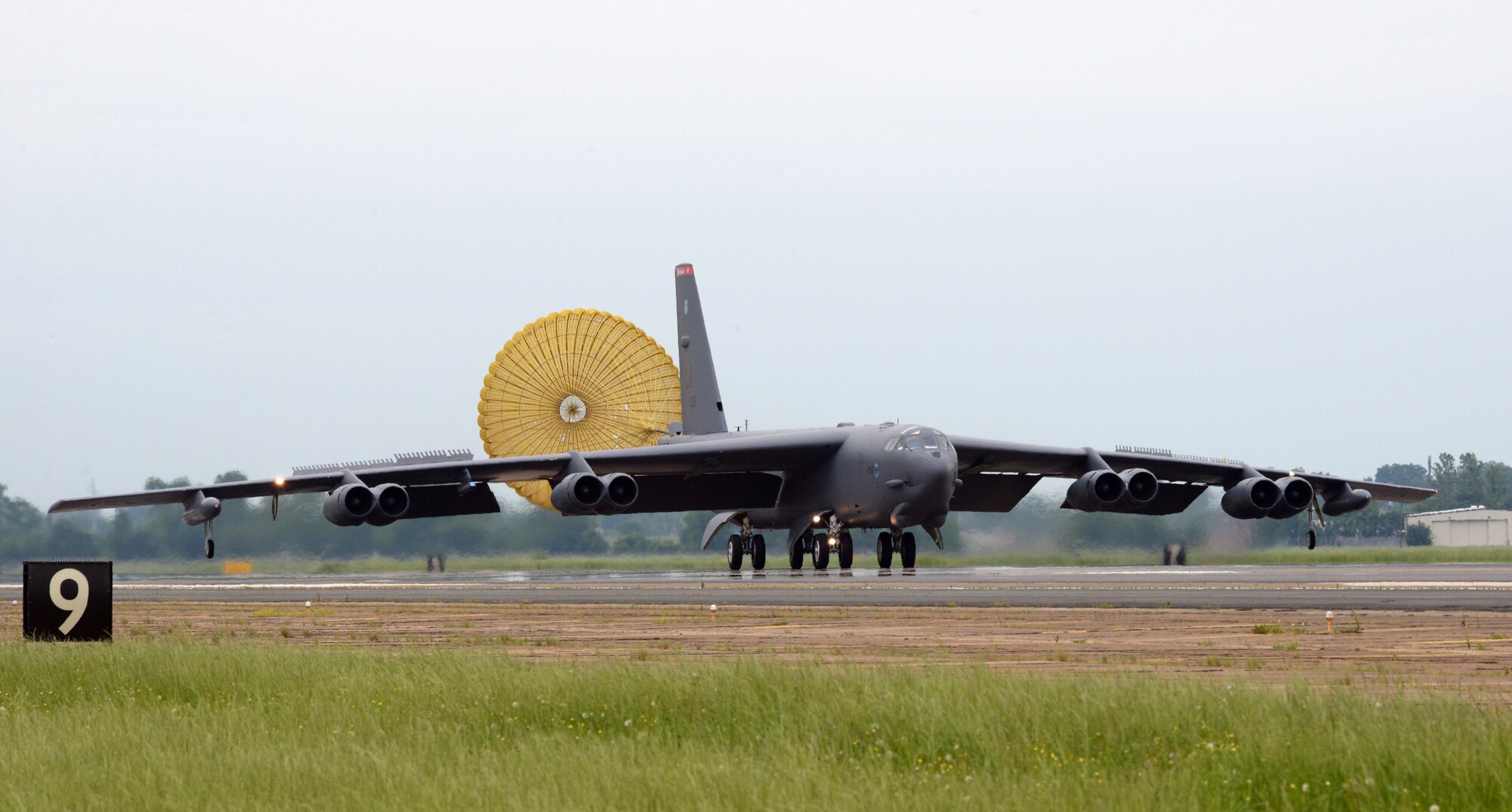 A B-52H Stratofortress lands on Barksdale Air Force Base, Louisiana, as part of a Constant Vigilance exercise May 13, 2015. Constant Vigilance is an annual Air Force Global Strike Command exercise designed to train and assess the command's ability to support its conventional and nuclear missions. AFGSC conducts training operations and exercises on a regular basis to ensure its forces are ready to perform nuclear deterrence operations and long-range strike missions when called upon to do so. (U.S. Air Force photo/Airman 1st Class Curt Beach)