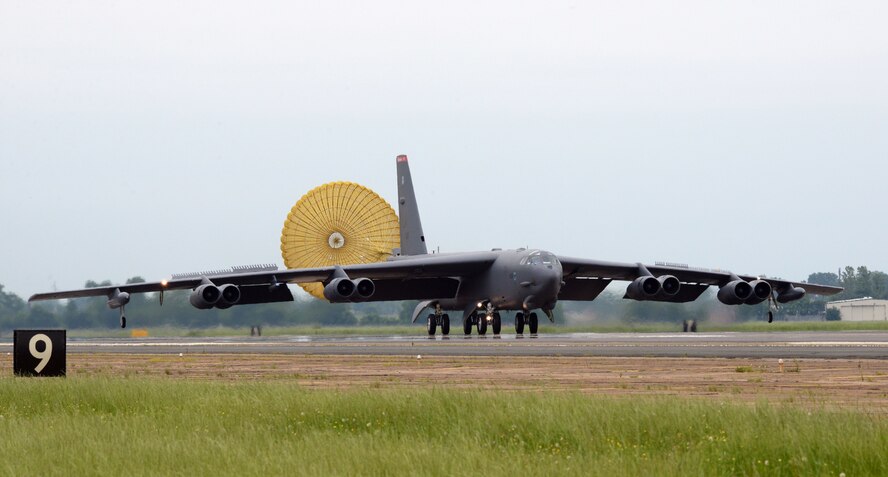 A B-52H Stratofortress lands on Barksdale Air Force Base, Louisiana, as part of a Constant Vigilance exercise May 13, 2015. Constant Vigilance is an annual Air Force Global Strike Command exercise designed to train and assess the command's ability to support its conventional and nuclear missions. AFGSC conducts training operations and exercises on a regular basis to ensure its forces are ready to perform nuclear deterrence operations and long-range strike missions when called upon to do so. (U.S. Air Force photo/Airman 1st Class Curt Beach)