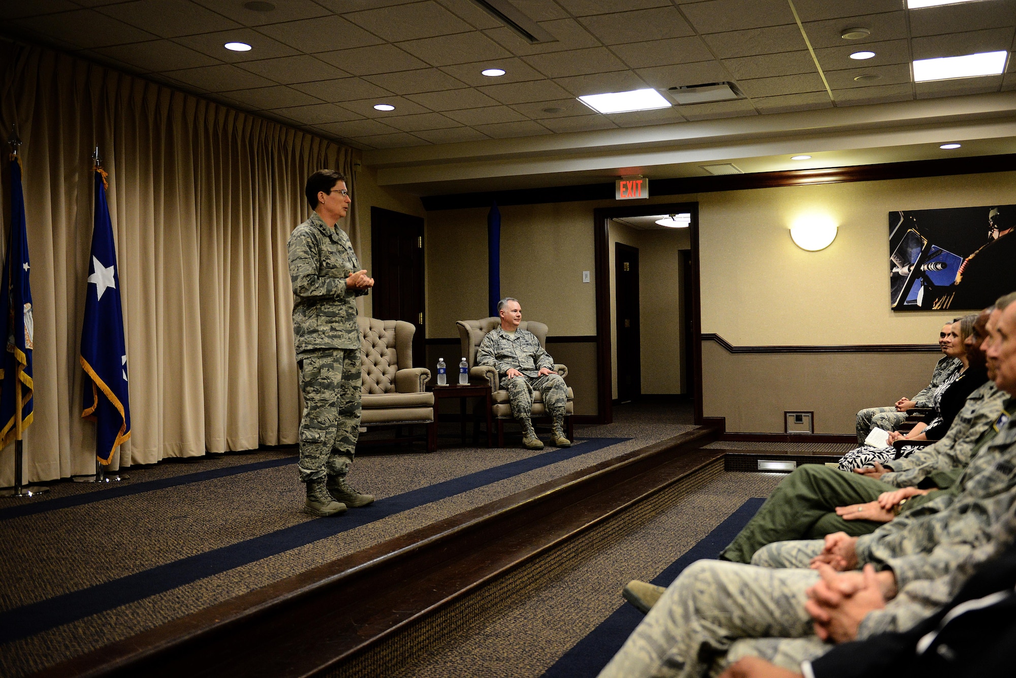 Maj. Gen. Theresa Carter, Air Force Installation and Mission Support Center commander, tells the audience at the AFIMSC Detachment 9 activation ceremony  that Col. Mark McCloud is the right choice to command the newly established unit May 7, 2015, at the Headquarters Air Mobility Command Airlifters' Hall, Scott Air Force Base, Ill. AFIMSC was established to help the Air Force make the best use of limited resources in the management and operation of its installations by reducing costs, creating efficiencies and eliminating redundant activities. (U.S. Air Force photo/Senior Airman Jake Eckhardt)