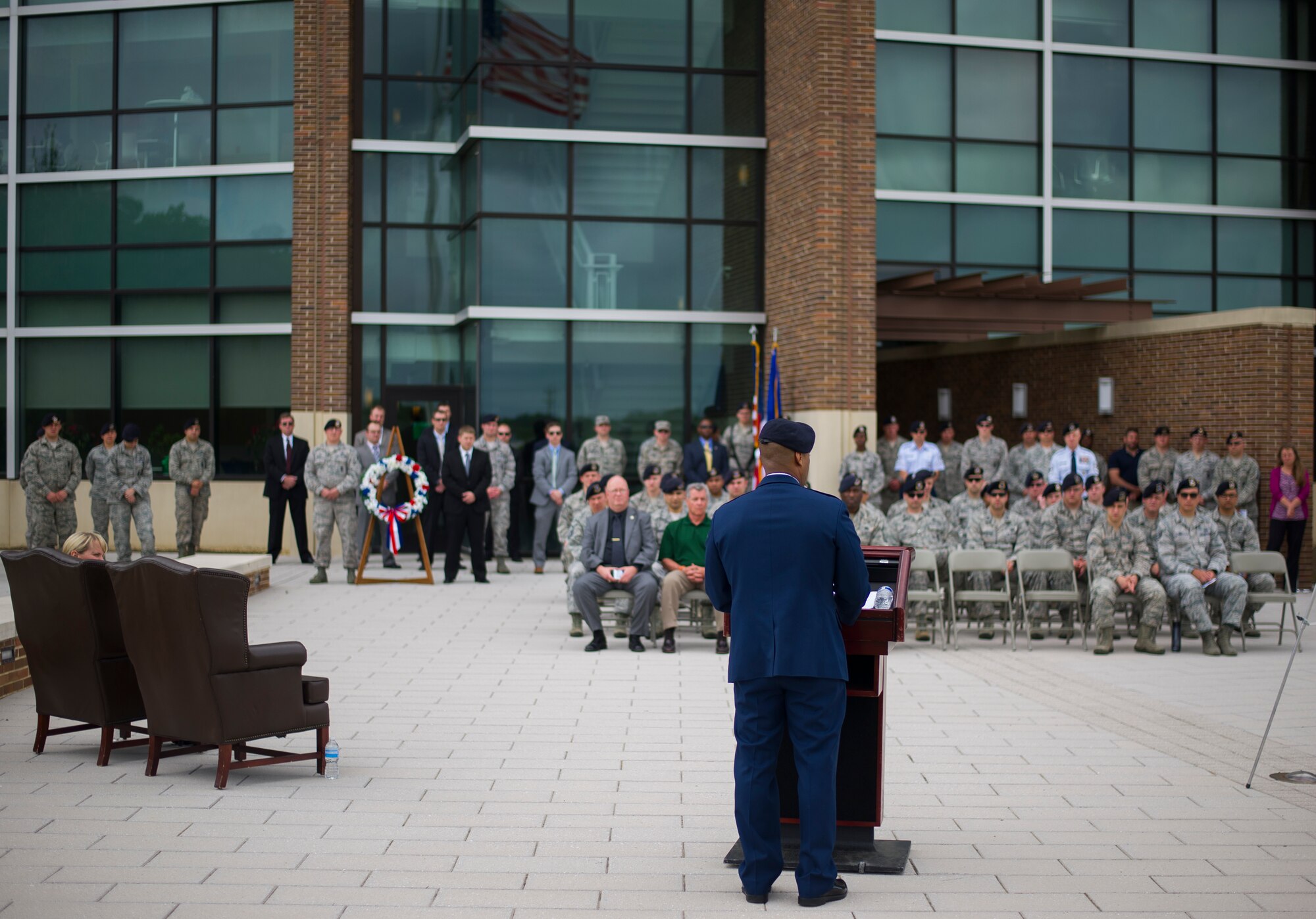 Col. Victor Moncrieffe II, 11th Security Forces Group commander, speaks to an audience during a wreath laying ceremony for National Police Week on Joint Base Andrews, Md., May 11, 2015. The ceremony honored security forces and military police who have paid the ultimate sacrifice in the line of duty. (U.S. Air Force photo/Staff Sgt. Chad C. Strohmeyer) 