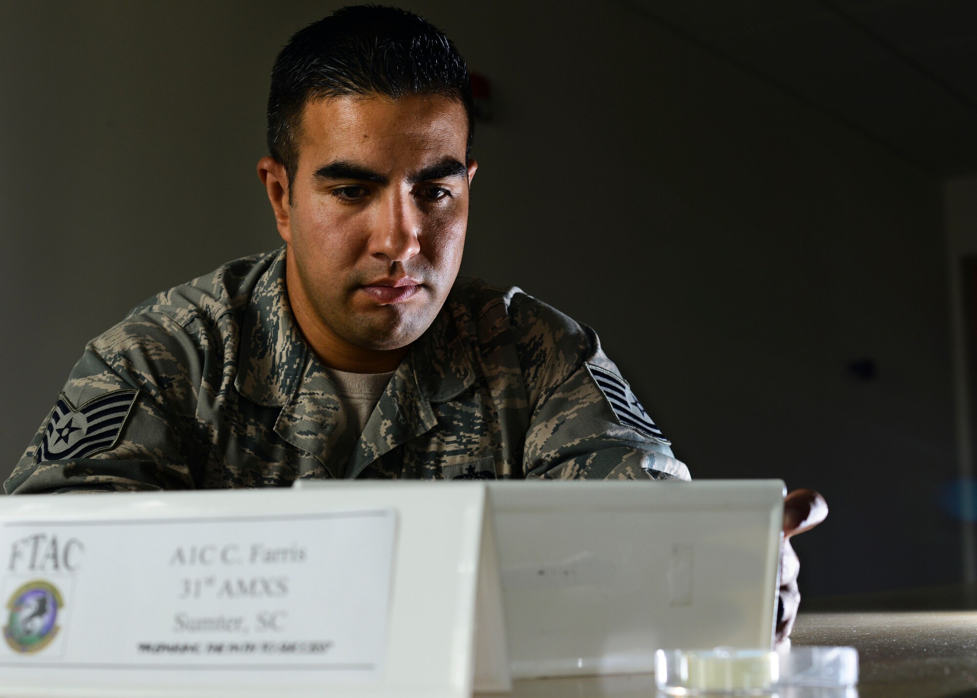 U.S. Air Force Tech. Sgt. Maurice Carbajal, First Term Airman Center instructor, hopes to impart some of his expriences to the new Airmen he will teach. The FTAC course offers new Airmen practical lessons about professionalism, attitude and passion as well as useful information from different organizations across the 31st Fighter Wing. (U.S. Air Force photo by Senior Airman Austin Harvill/Released)