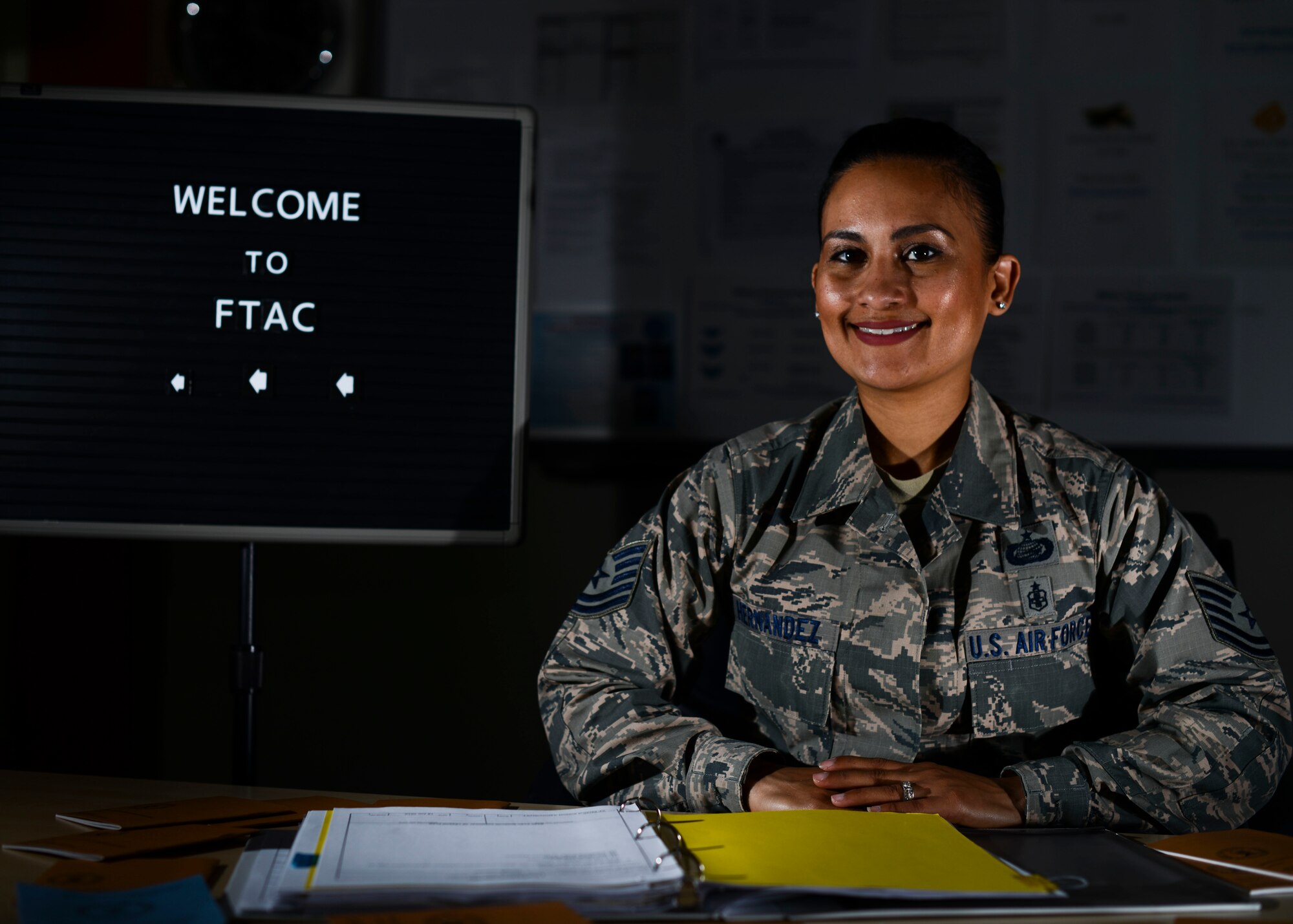 U.S. Air Force Tech. Sgt. Maribelle Hernandez, First Term Airman Center instructor, dedicates herself to teaching new Airmen the ins-and-outs of the Air Force. Instructors are the first impression new Airmen have of the Air Force, so intructors are hand-picked from a group of candidates. (U.S. Air Force photo by Senior Airman Austin Harvill/Released)