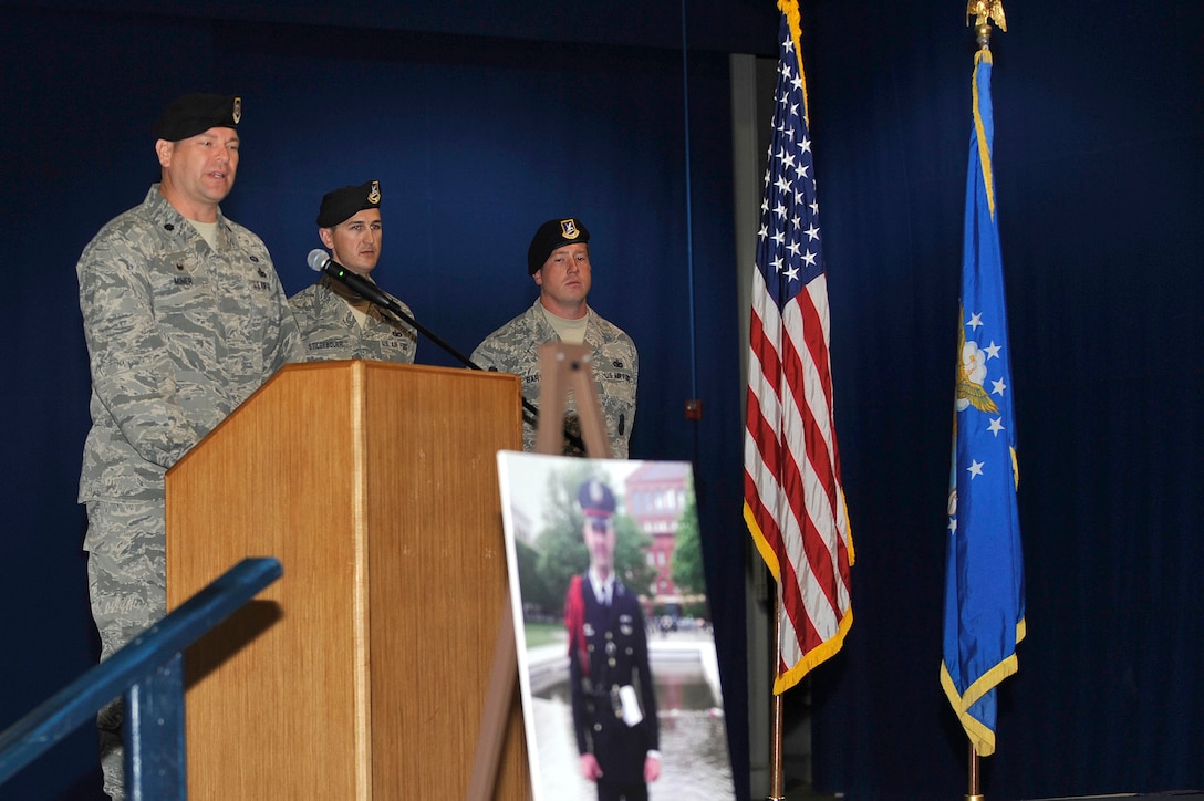 U.S. Air Force Lt. Col. Thomas Miner, 633rd Security Forces Squadron commander, opens the 2015 National Peace Officers’ Memorial Ceremony, at Langley Air Force Base, Va., May 11, 2015. National Peace Officers’ Memorial Day was proclaimed as May 15; however, National Police Week is on whichever week the 15th falls. (U.S. Air  Force photo by Senior Airman Breonna Veal/Released) 