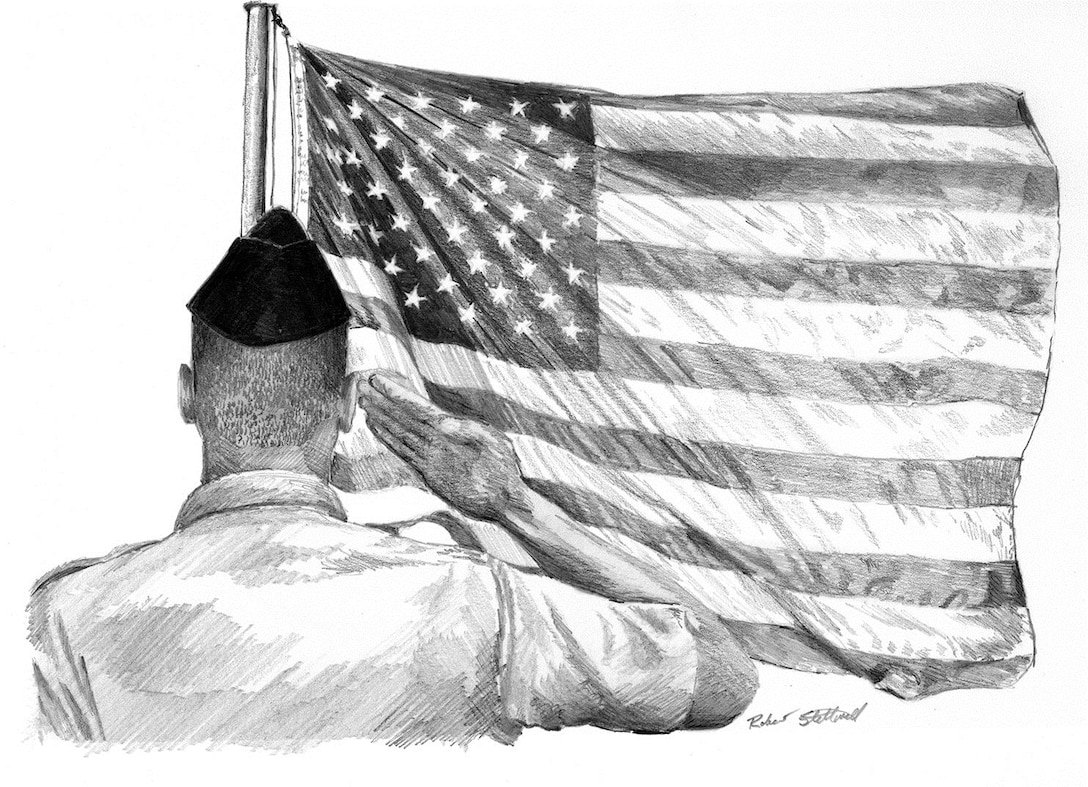Artwork done by retired Senior Master Sgt. Bob Stillwell. Stillwell joined the Air Force in February 1969 during the Vietnam War and served as a member of the security police.   During his service in Vietnam, Stillwell earned a Bronze Star and an Airman’s Medal for rescuing two Airmen who were drowning in the South China Sea. (U.S. Air Force illustration/Bob Stillwell)