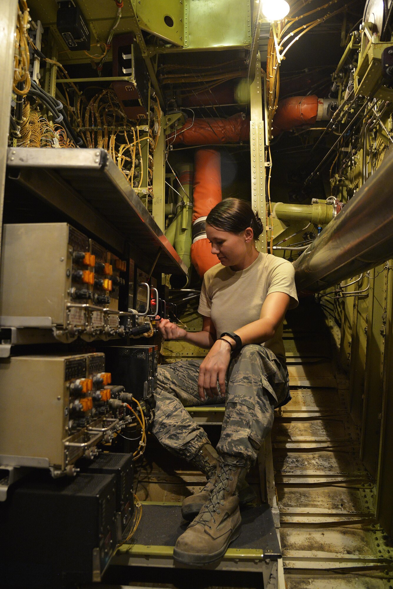 Tech Sgt. Samantha performs a bite check on a pneumatic controller on a KC-10 Extender at an undisclosed location in Southwest Asia May 12, 2015. The bite check ensures the integrity of several components that pull air from the engine. Samantha is an electronics and environmental technician assigned to the Expeditionary Aircraft Maintenance Squadron. (U.S. Air Force photo/Tech. Sgt. Christopher Boitz) 