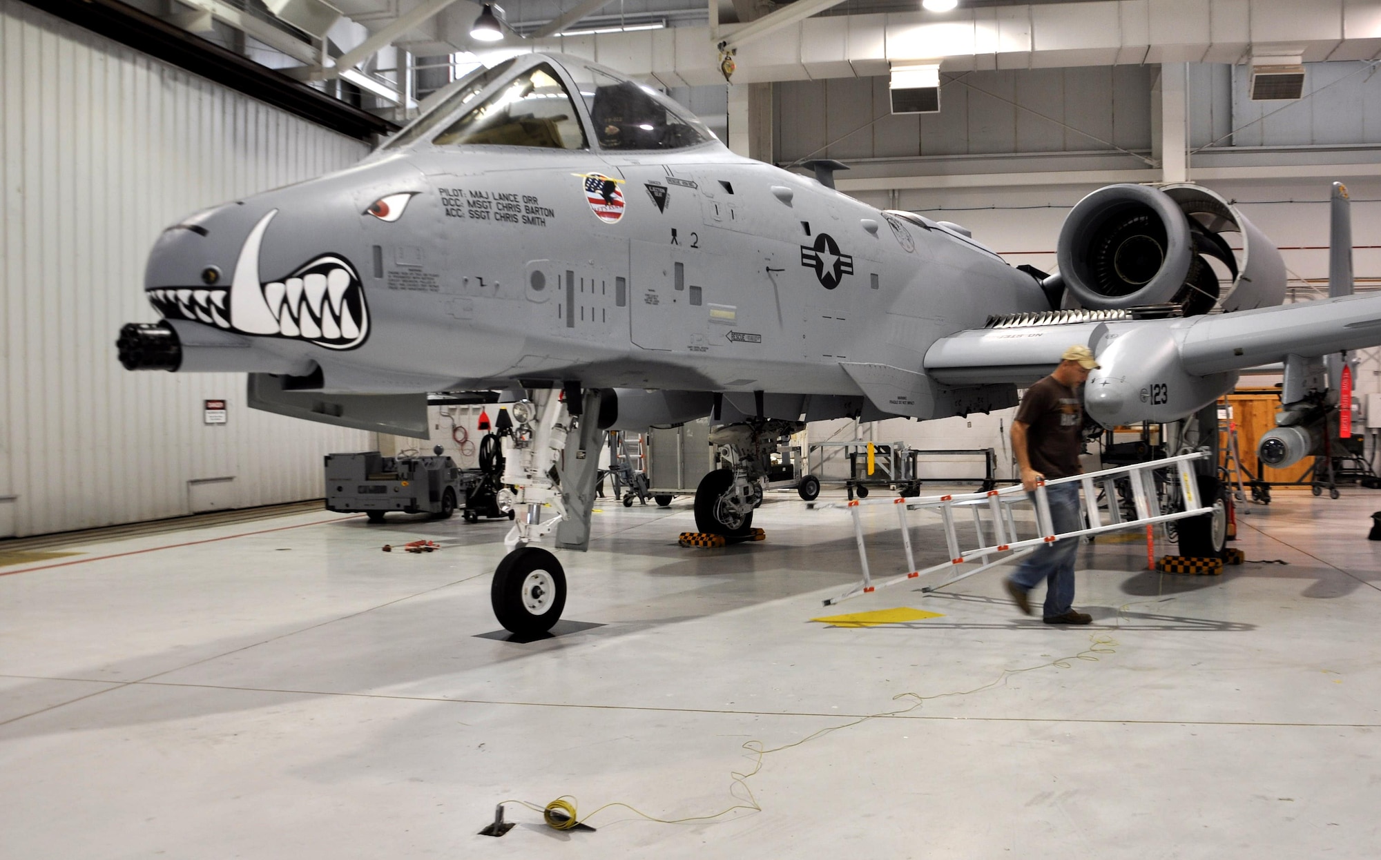 Master Sgt. Christopher Barton, lead dedicated crew chief to aircraft 79-123 at the 442d Fighter Wing at Whiteman Air Force Base, Missouri, removes a ladder from the plane. Barton's aircraft, which was also honored with the wing's "Let's roll" 9/11 commemorative aircraft art, was the first to receive teeth. 
