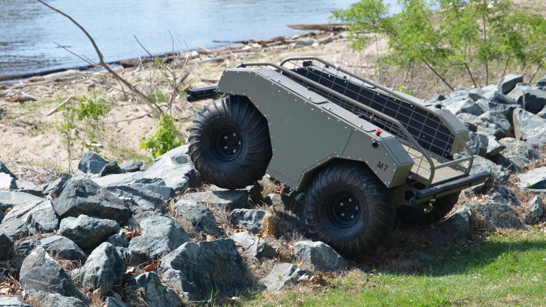 During a Marine Corps Intelligence Activity exercise May 5, the Multi-Utility Tactical Transport, or MUTT, is put through its paces at the Town of Quantico’s Riverside Park and in the Potomac River, Marine Corps Base Quantico, Virginia. The unmanned vehicle can carry up to 600 pounds; roll over boulders, sand and debris; and even swim.