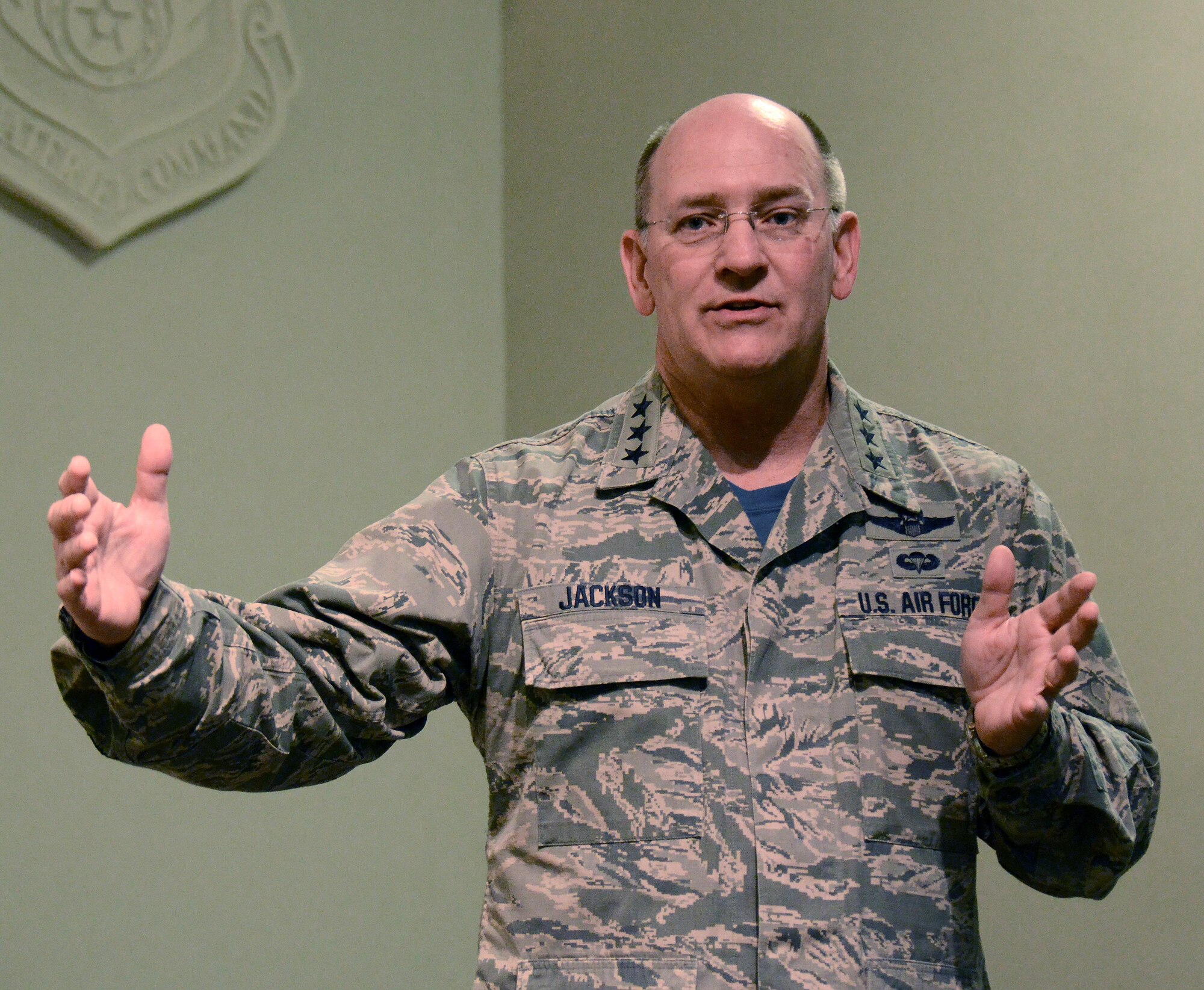 Air Force Reserve Commander, Lt. Gen. James Jackson, brief’s employers affiliated with Employers Support of the Guard and Reserve on the importance of their continued support and what they will see today at Dobbins Air Reserve Base, Ga., May 15, 2015. The ESGR tour of Dobbins ARB was arranged to provide a hands-on understanding of what their Air Force Reserve employees experience when deployed to the theater of operations. (U.S. Air Force photo/ Brad Fallin)