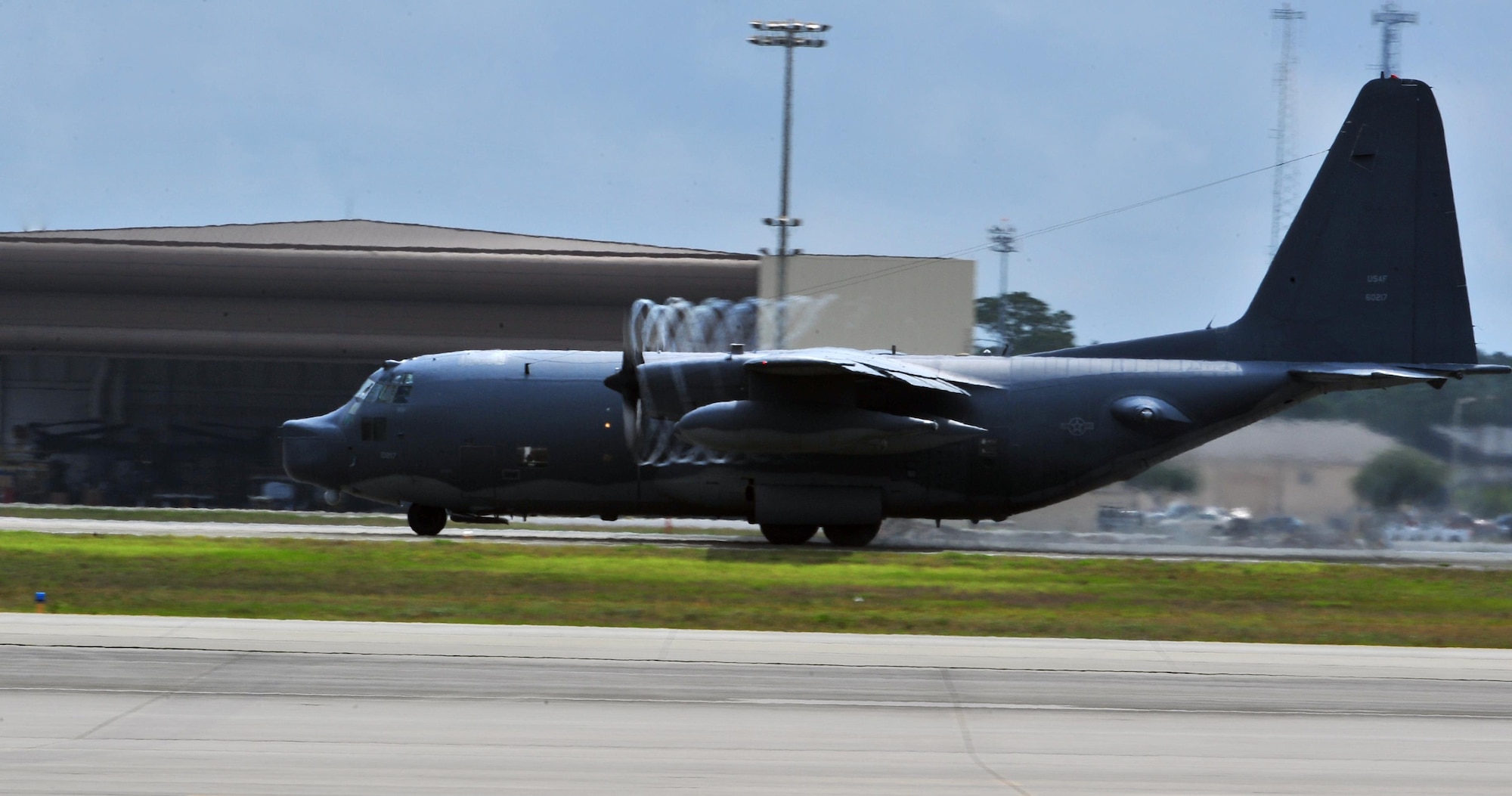 An MC-130P Combat Shadow takes off on its final flight, May 15, 2015, at Hurlburt Field, Fla. Aircrafts 66-0217 and 69-5819 are the last two MC-130P Combat Shadow aircraft in the Air Force to be retired. On June 1, 217 and 819 will take their last flight to the boneyard at Davis-Monthan Air Force Base, Arizona. (U.S. Air Force photo/Airman 1st Class Ryan Conroy) 