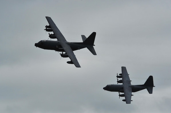 Two MC-130P Combat Shadows fly by during their final flight, May 15, 2015, at Hurlburt Field, Fla. The final two MC-130P Combat Shadow aircraft in the Air Force landed for the last time at Hurlburt Field, Fla., in front of more than 400 people and will take their last flight to the boneyard at Davis-Monthan Air Force Base, Arizona, June 1. (U.S. Air Force photo/Airman 1st Class Ryan Conroy) 