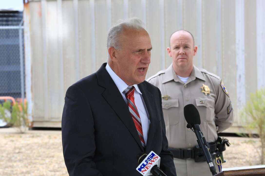 Robert Dobarzynski, Marine Corps Installations West director of safety and standardization, makes a speech during a motorcycle safety awareness press conference aboard Marine Corps Air Station Miramar, California, May 14. Marine Corps Installations West works hand in hand with these agencies to ensure Marines have the tools to be safe on the road.