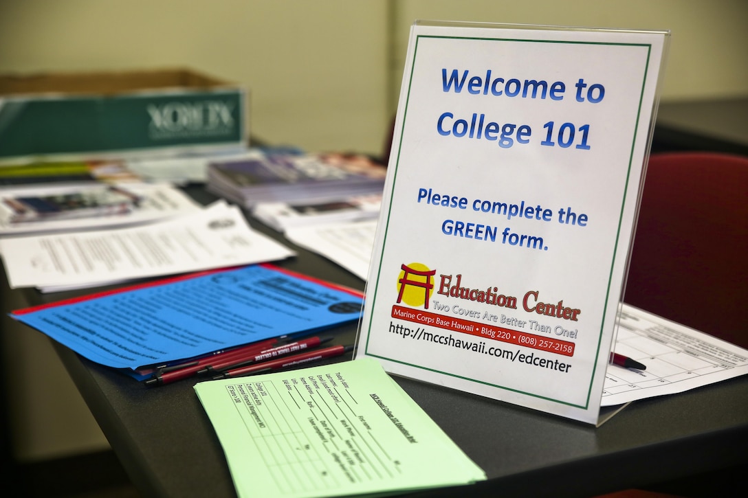 Service members aboard Marine Corps Base Hawaii attended a College 101 education brief, hosted by the Education Center, May 6, 2015, in classroom A in building 220. The brief was intended to provide information and procedures for utilizing tuition assistance, as well as making the transition into the school setting easier for service members. The course was also meant to reinforce the benefits of seeking an education while still on active duty. (U.S. Marine Corps photo by Lance Cpl. Harley Thomas/Released)