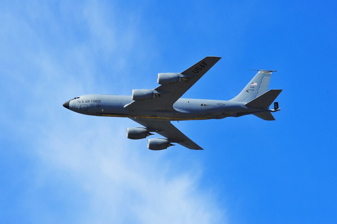 A U.S. Air Force KC-135 Stratotanker assigned to the 22nd Air Refueling Wing, McConnell Air Force Base, Kan., prepares to land May 14, 2015, after a RED FLAG-Alaska (RF-A) 15-2 mission at Eielson Air Force Base, Alaska. The support the Stratotanker provides during aerial-refueling is vital to the success of the U.S. and coalition forces participating in RF-A. (U.S. Air Force photo by Tech. Sgt. Miguel Lara III/Released)