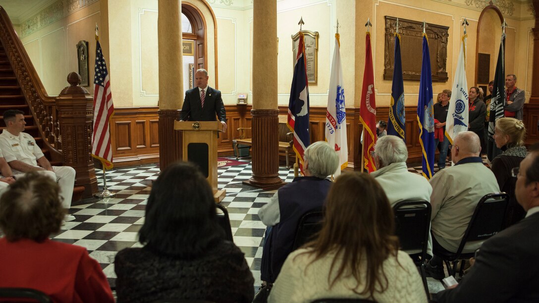 Wyoming Gov. Matt Mead speaks at a Military Appreciation Day proclamation signing event in the Wyoming Capitol May 15, 2015. The event honored the men and women who have served our country. (U.S. Air Force Photo by Lan Kim)