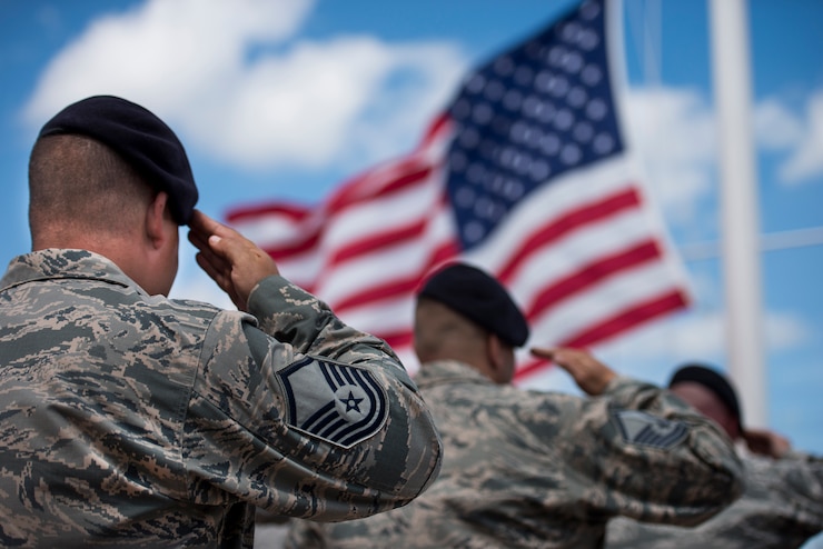 The 82nd Training Wing Security Forces Airmen and officers from the Wichita Falls Police Department salute the lowering of the U.S. flag during the National Police Week retreat ceremony at Sheppard Air Force Base, Texas, May 15, 2015. Although National Police Week honors those who gave their life in the line of duty, it also honors the sacrifices police make to ensure the safety of others. (U.S. Air Force photo by Senior Airman Kyle Gese/Released)