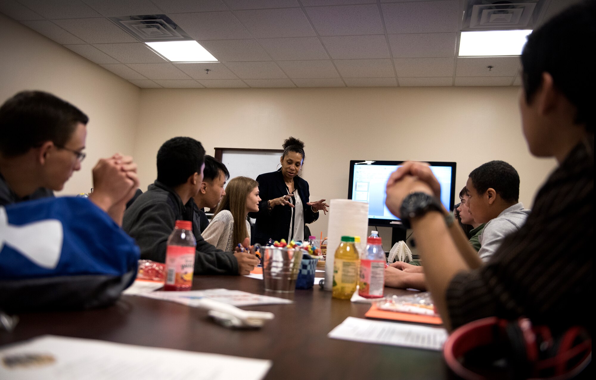 Military family members in the teen working group discuss quality-of-life initiatives during this year’s annual Military Family Action Plan Conference held May 6, 2015 at the Timmermann Center at Joint Base McGuire-Dix-Lakehurst, N.J.  Team MDL hosted its sixth joint Military Family Action Plan, with 76 participants from throughout the installation. (U.S. Air Force photo by Staff Sgt. Katherine Tereyama)