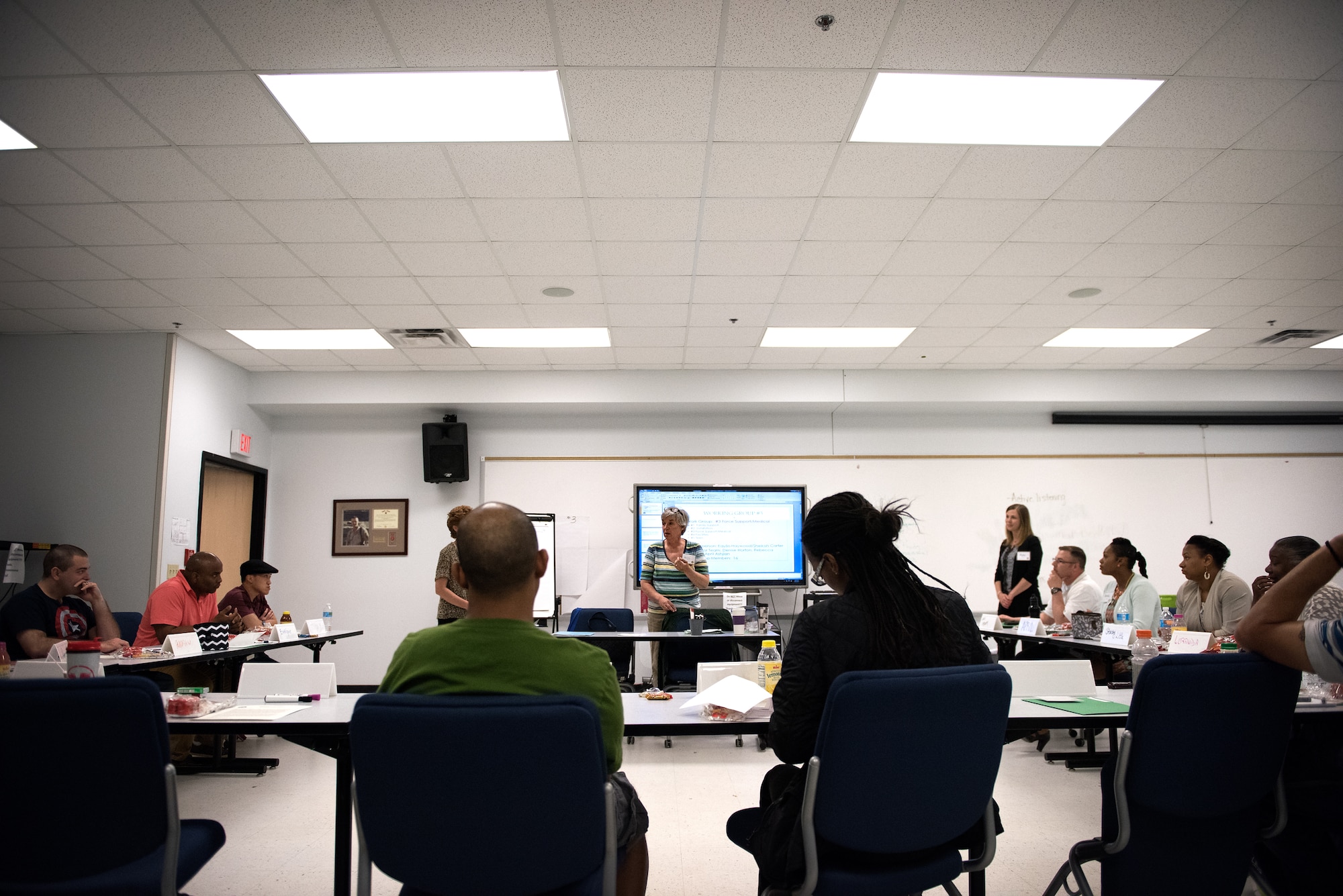 Dr. Denise Horton, Military Family Action Plan Conference working group facilitator, speaks to participants during this year’s annual Military Family Action Plan Conference held May 6, 2015 at the Timmermann Center at Joint Base McGuire-Dix-Lakehurst, N.J.  Team MDL hosted its sixth joint Military Family Action Plan, with 76 participants from throughout the installation. (U.S. Air Force photo by Staff Sgt. Katherine Tereyama)