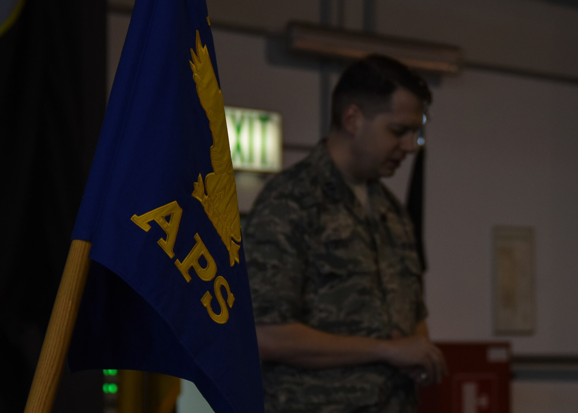 Capt. Matthew Streett, a chaplain with the 86th Airlift Wing, delivers a prayer in remembrance of fallen aerial porters during the opening ceremony of the 2015 Port Dawg Memorial Run May 15, 2015, at Ramstein Air Base, Germany. Similar events are held throughout the month of May at military installations around the world in honor of fallen Port Dawgs. (U.S. Air Force photo by Staff Sgt. Jonathan Hehnly)