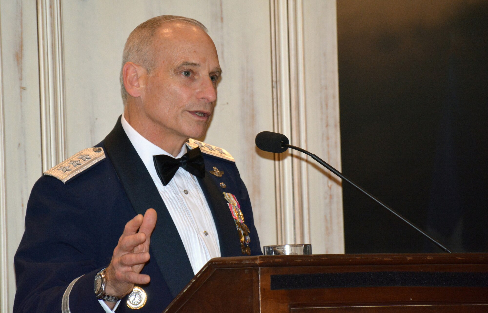 U.S. Air Force Lt. Gen. James M. Kowalski, U.S. Strategic Command deputy commander, provides the keynote speech during the 552nd Air Control Wing’s Diamond Anniversary Salute gala at the Petroleum Club, downtown Oklahoma City May 9. Uniformed service members and community partners attended the gala, which capped off three-days of events to commemorate 60 years of airborne early warning and control for the United States military. (Air Force photo by Darren D. Heusel/Released)