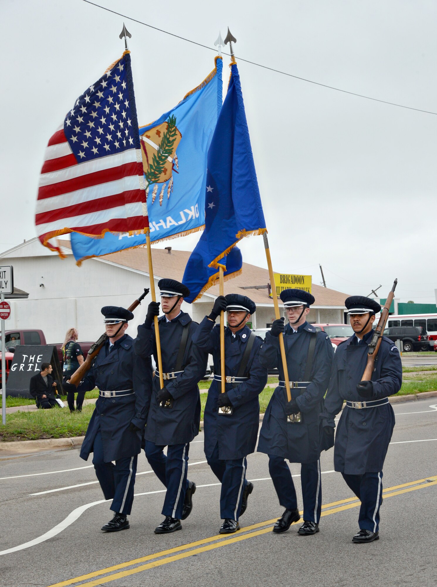 Members of the Tinker Honor Guard opened the Armed Forces Day Parade in Del City on May 9. (Air Force photo by Kelly White/Released)