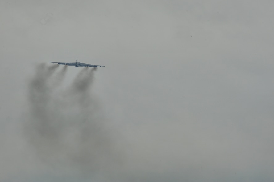 A B-52H Stratofortress takes off during a rapid launch exercise on Minot Air Force Base, N.D., May 13, 2015. The B-52s participated in a rapid launch exercise during Constant Vigilance. This is an annual Air Force Global Strike Command exercise conducted with B-52s from Minot and Barksdale. (U.S. Air Force photo/Senior Airman Malia Jenkins)