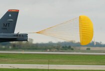 A B-52H Stratofortress deploys a parachute while landing at Minot Air Force Base, N.D., following a Constant Vigilance mission sortie May 13, 2015. Air Force Global Strike Command routinely conducts training operations and exercises such as Constant Vigilance to ensure its forces can perform their nuclear deterrence and long-range strike missions if and when called upon to do so. (U.S. Air Force photo/Senior Airman Kristoffer Kaubisch)