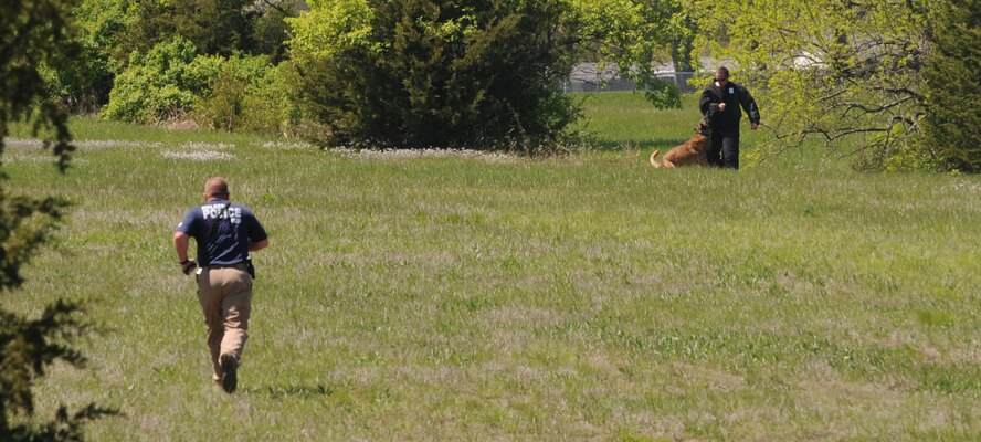 Holden police officer Matt Bond and K-9 Drako, apprehend a non-compliant suspect that refused to give up and was hiding in the field during combined training with the 509th Security Forces Squadron military working dog section at Whiteman Air Force Base, Mo., April 30, 2015. The training included vehicle extractions, apprehending suspects and challenge buildings.  (U.S. Air Force photo by Staff Sgt. Alexandra M. Longfellow/Released)