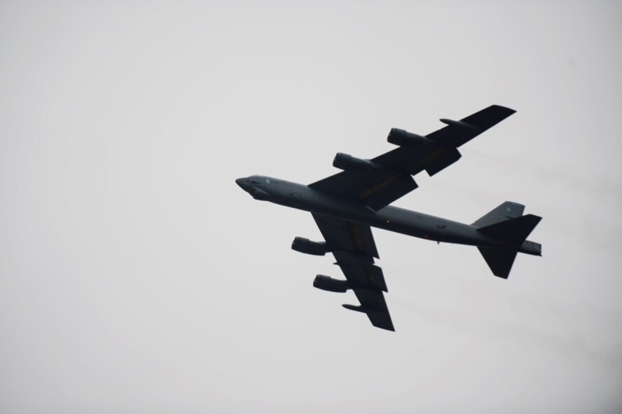 A B-52H Stratofortress soars through the air during a Constant Vigilance rapid launch exercise at Minot Air Force Base, N.D., May 13, 2015. The rapid launch event tested the ability of aircrews, maintainers and other base agencies to quickly provide the President and combatant commanders with airborne nuclear deterrence and long-range strike capabilities if and when called upon to do so. (U.S. Air Force photo/Airman 1st Class Christian Sullivan)