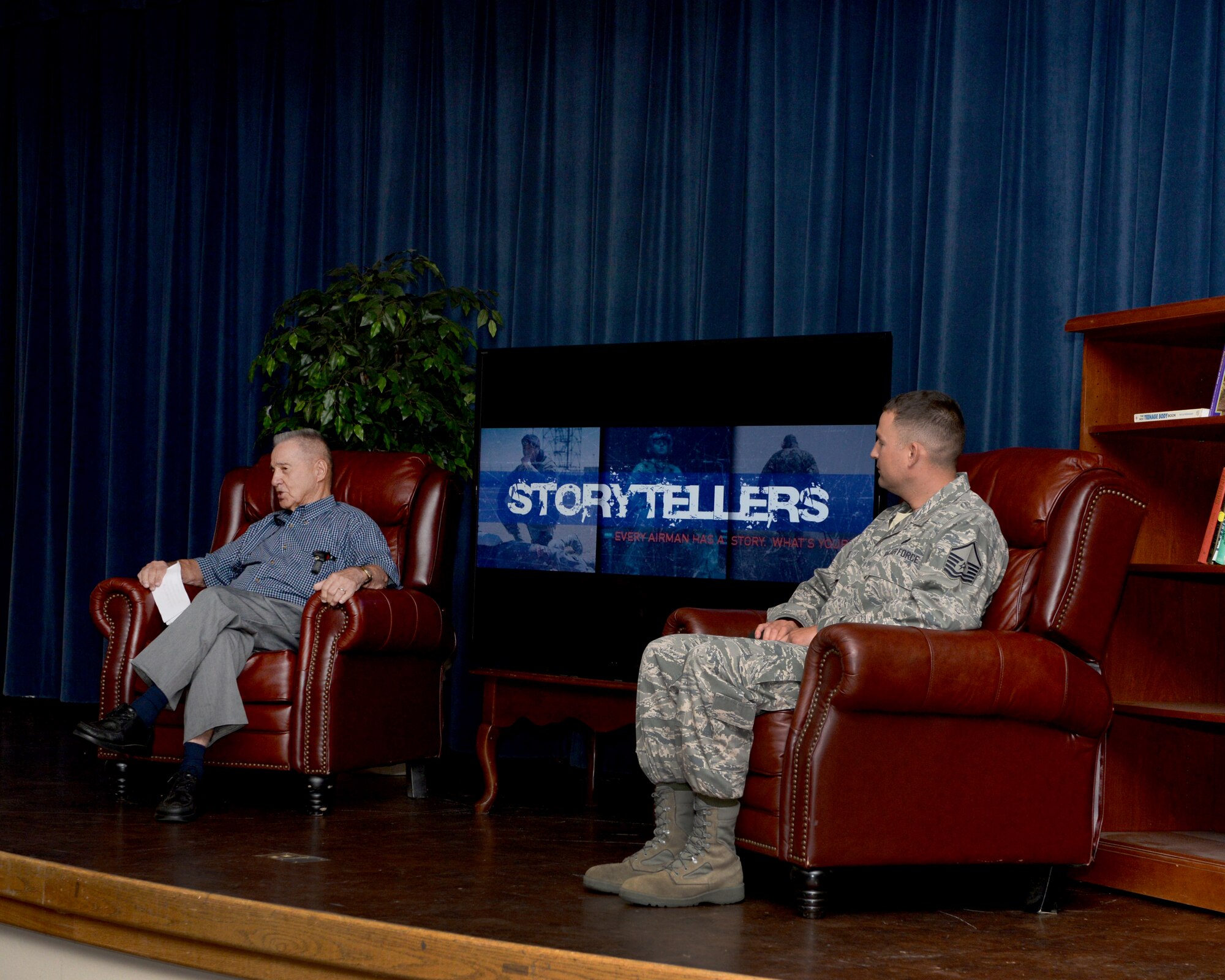 ALTUS AIR FORCE BASE, Okla. – Retired U.S. Air Force Senior Master Sgt. Danny King recounts his time in the Air Force at a Storytellers event, May 13, 2015 at the Freedom Community Center. Storytellers brings Airmen of all ranks together to listen and share stories, ultimately bonding and connecting with each other. (U.S. Air Force photo by Airman 1st Class Nathan Clark/Released)