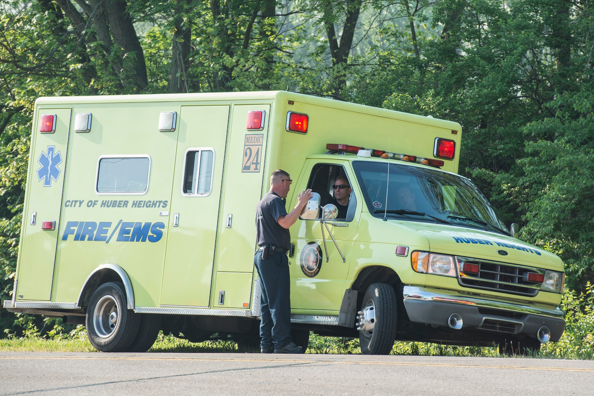 Huber Heights emergency responders arrive on location of the mass casualty event during the base exercise May 7 at WPAFB.  