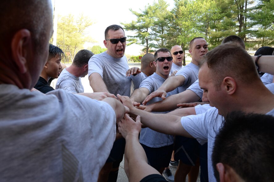 Lt. Col. Michael Morales, 66th Security Forces Squadron commander, and other security forces personnel, prepare to run a 5k road race after Police Week opening ceremonies at Gate 2, May 11. As part of the week-long Police Week recognition, 66 SFS hosted events on base May 11-15. (U.S. Air Force photo by Linda LaBonte Britt)
