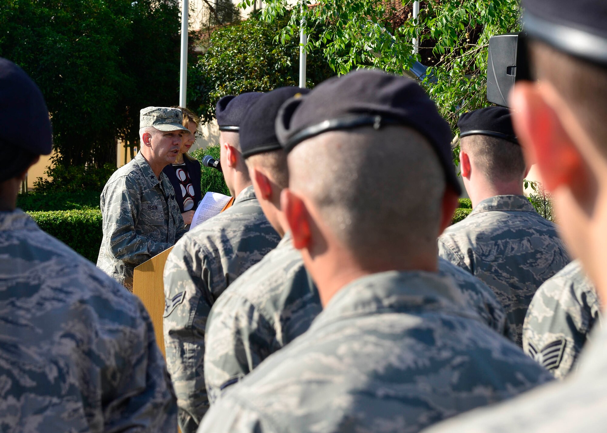 U.S. Air Force Brig. Gen. Barre Seguin, 31st Fighter Wing commander, speaks at the Police Week proclamation and signing ceremony, May 11, 2015, at Aviano Air Base, Italy.  During the week, ceremonies, memorials and other events took place to honor the men and women who have served in the line of duty. (U.S. Air Force photo by Airman 1st Class Cary Smith/Released)
