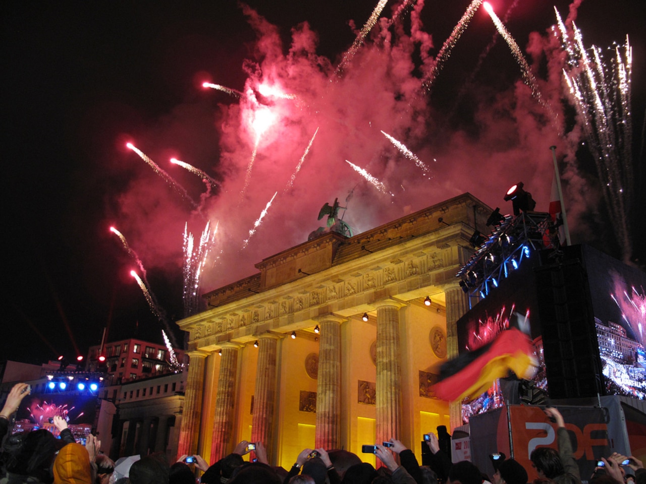 Fireworks illuminate Berlin's Brandenburg Gate as Germans celebrate the 20th anniversary of the fall of the Berlin Wall, Nov. 9, 2009. U.S. Army Europe members participated in many of the events saluting the anniversary. Photo by Richard Bumgardner