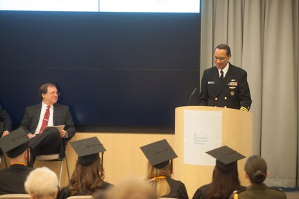 U.S. Navy Adm. Cecil D. Haney (right), U.S. Strategic Command commander, gives the commencement speech during a graduation ceremony at Missouri State University's Defense and Strategic Studies (DSS) department, Fairfax, Va., May 15, 2015. During his remarks, Haney spoke about strategic deterrence and USSTRATCOM's primary mission of detecting, deterring and preventing strategic attacks against the U.S. and its allies. He also described his nine Unified Command Plan-assigned missions, which include strategic deterrence; space operations; cyberspace operations; joint electronic warfare; global strike; missile defense; intelligence, surveillance and reconnaissance; combating weapons of mass destruction; and analysis and targeting. DSS provides graduate-level education in national security policy; cyber security; WMD proliferation; international terrorism; military operations; global security challenges; foreign policy; arms control; missile proliferation; and intelligence analysis. (Photo courtesy of Missouri State University's Defense and Strategic Studies department)