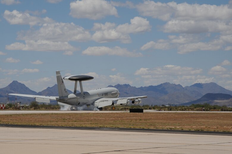 An E-3 Airborne Warning and Control System aircraft from Tinker Air Force Base, Okla., lands on the flightline at Davis-Monthan AFB, Ariz., May 16, 2015. Eight AWACS arrived here due to tornado alerts in Oklahoma. The AWACS are assigned to the 963rd Airborne Air Control Squadron from the 552nd Air Control Wing. (U.S. Air Force photo by Senior Airman Betty R. Chevalier)